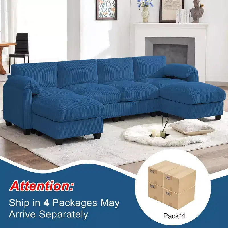 Divano componibile in velluto a coste HYLEORY con doppio pouf mobile, divano comodo rivestito a forma di U con cuscino a due strati per soggiorno