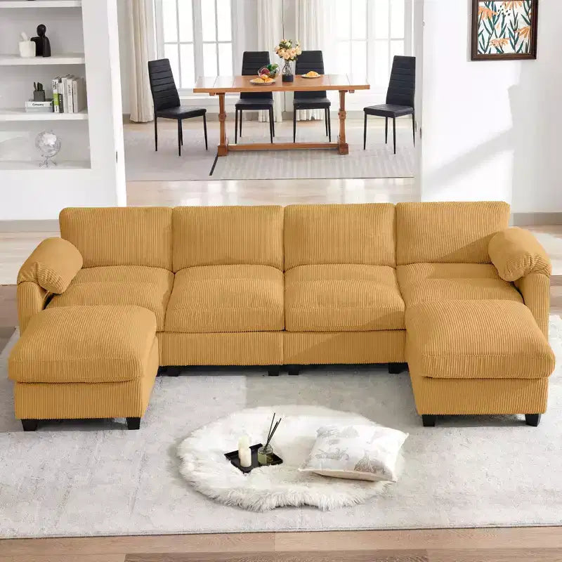 Divano componibile in velluto a coste HYLEORY con doppio pouf mobile, divano comodo rivestito a forma di U con cuscino a due strati per soggiorno