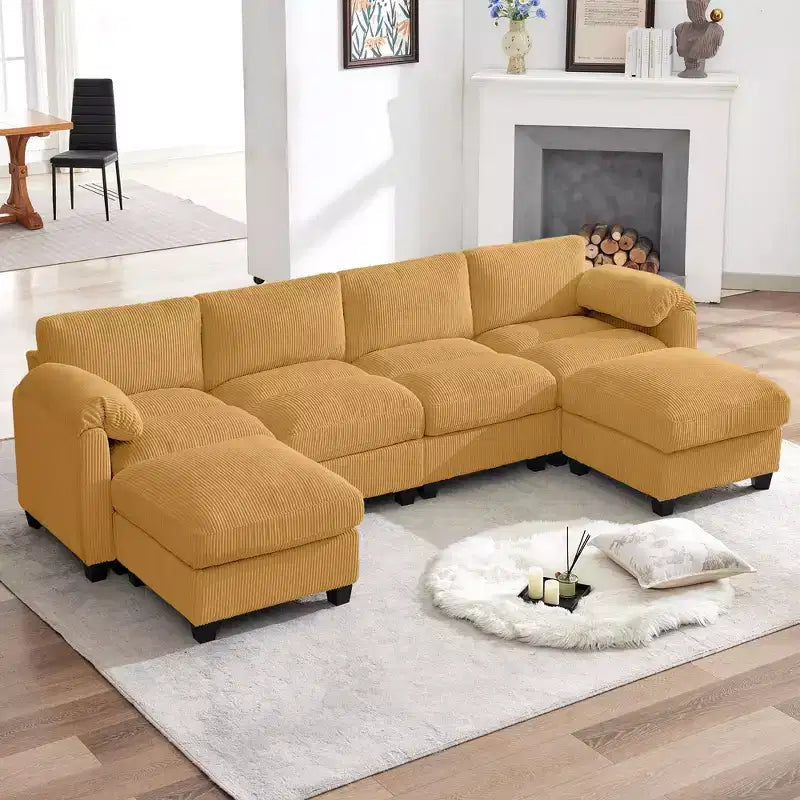 Divano componibile in velluto a coste HYLEORY con doppio pouf mobile, divano comodo rivestito a forma di U con cuscino a due strati per soggiorno