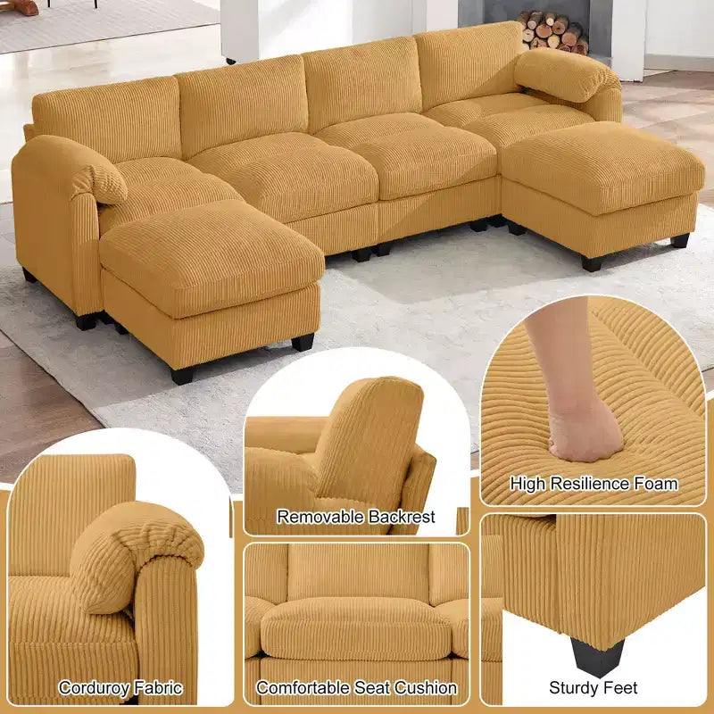 Divano componibile in velluto a coste HYLEORY con doppio pouf mobile, divano comodo rivestito a forma di U con cuscino a due strati per soggiorno