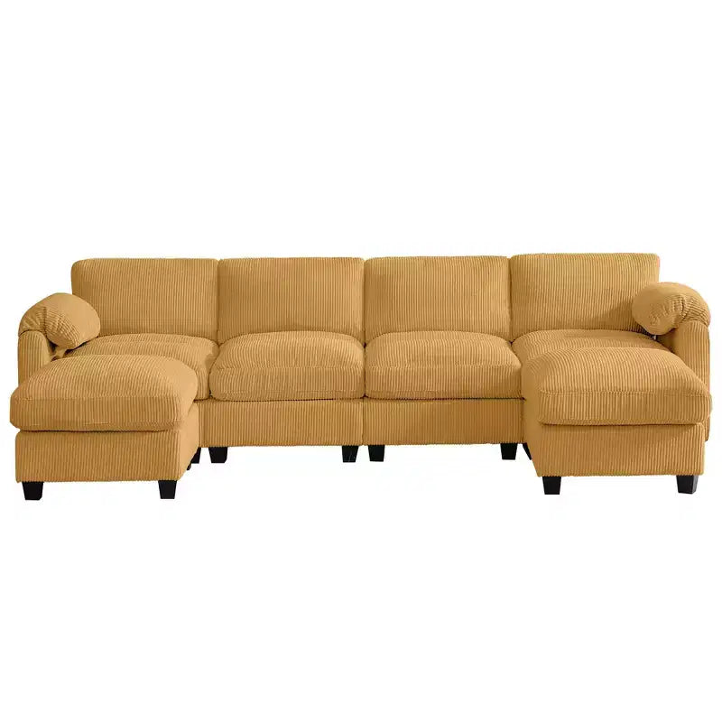 Divano componibile in velluto a coste HYLEORY con doppio pouf mobile, divano comodo rivestito a forma di U con cuscino a due strati per soggiorno