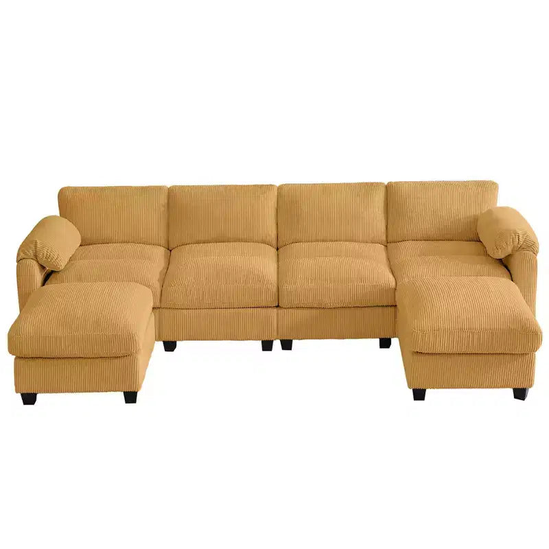 Divano componibile in velluto a coste HYLEORY con doppio pouf mobile, divano comodo rivestito a forma di U con cuscino a due strati per soggiorno