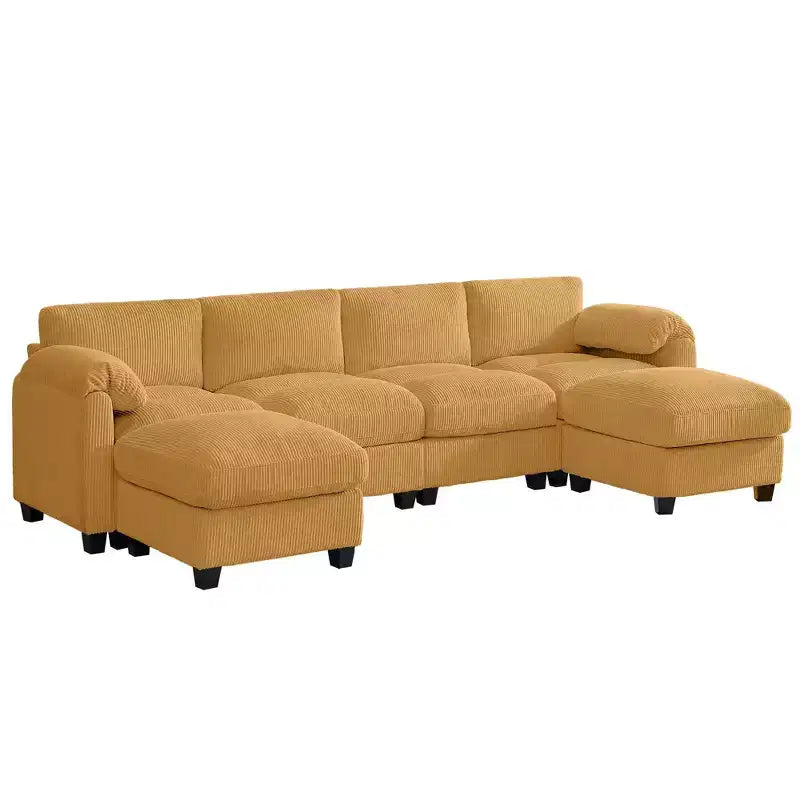 Divano componibile in velluto a coste HYLEORY con doppio pouf mobile, divano comodo rivestito a forma di U con cuscino a due strati per soggiorno
