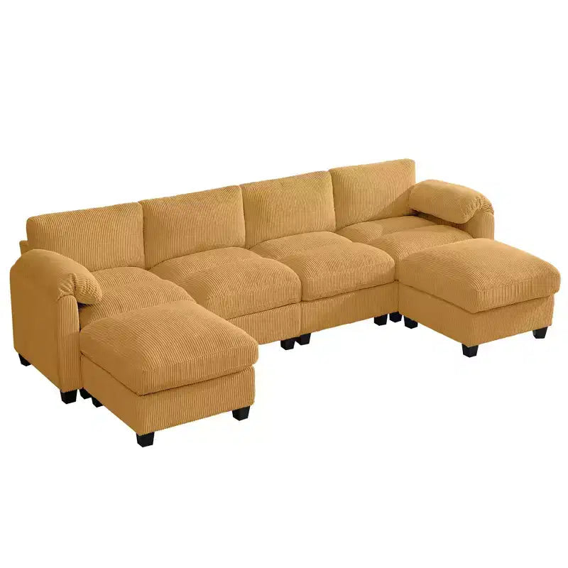 Divano componibile in velluto a coste HYLEORY con doppio pouf mobile, divano comodo rivestito a forma di U con cuscino a due strati per soggiorno