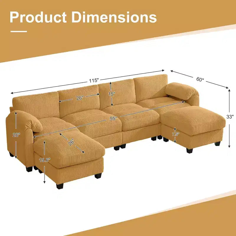 Divano componibile in velluto a coste HYLEORY con doppio pouf mobile, divano comodo rivestito a forma di U con cuscino a due strati per soggiorno