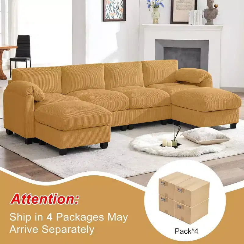 Divano componibile in velluto a coste HYLEORY con doppio pouf mobile, divano comodo rivestito a forma di U con cuscino a due strati per soggiorno