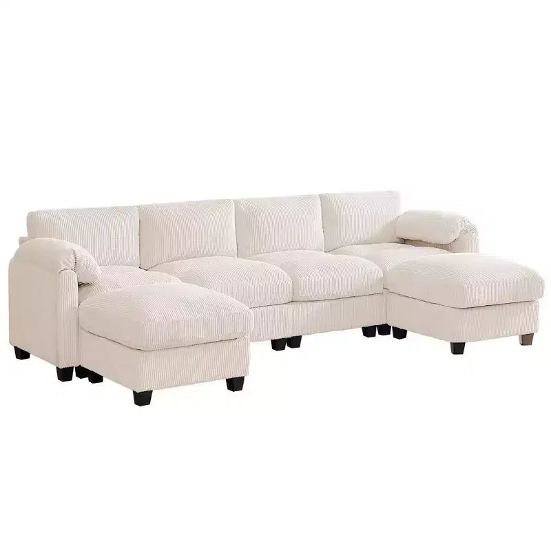 Divano componibile in velluto a coste HYLEORY con doppio pouf mobile, divano comodo rivestito a forma di U con cuscino a due strati per soggiorno