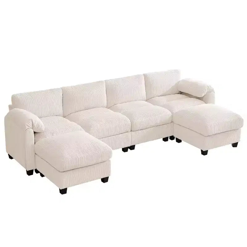 Divano componibile in velluto a coste HYLEORY con doppio pouf mobile, divano comodo rivestito a forma di U con cuscino a due strati per soggiorno
