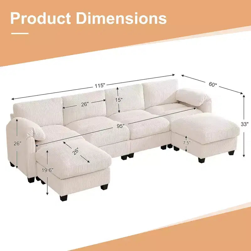 Divano componibile in velluto a coste HYLEORY con doppio pouf mobile, divano comodo rivestito a forma di U con cuscino a due strati per soggiorno