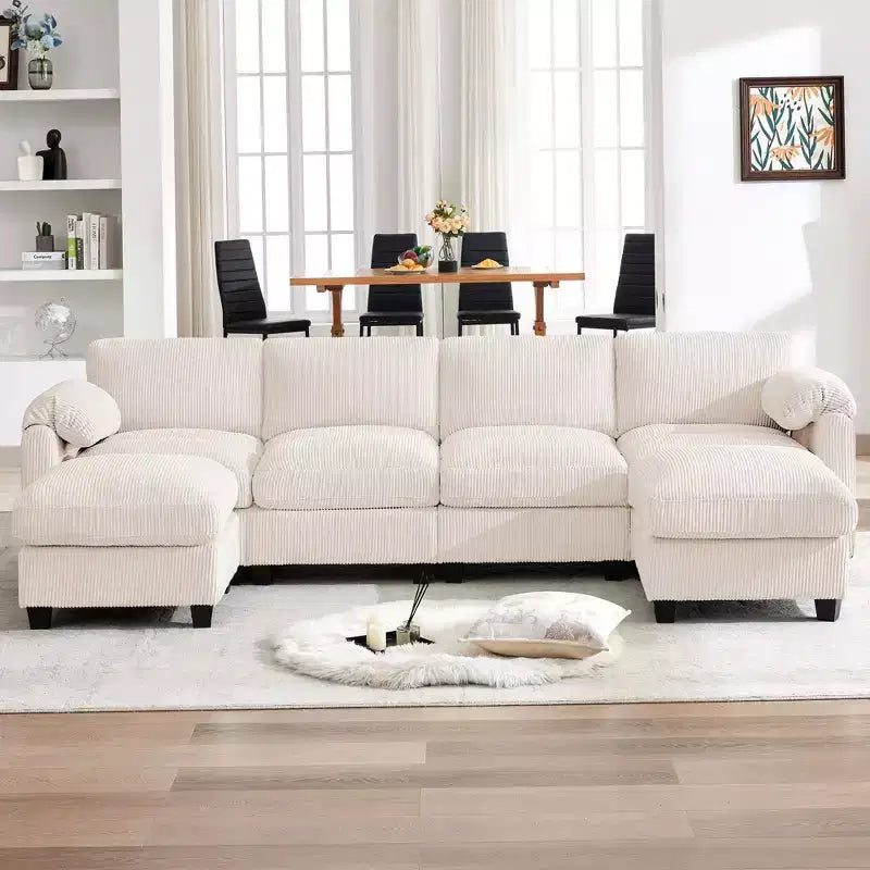 HYLEORY Corduroy Modular Sectional Sofa with Double Movable Ottomans, U-Shape Upholstered Comfy Couch with Two-Layer Seat Cushion for Living Room