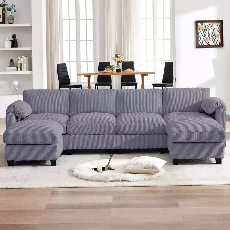 Divano componibile in velluto a coste HYLEORY con doppio pouf mobile, divano comodo rivestito a forma di U con cuscino a due strati per soggiorno