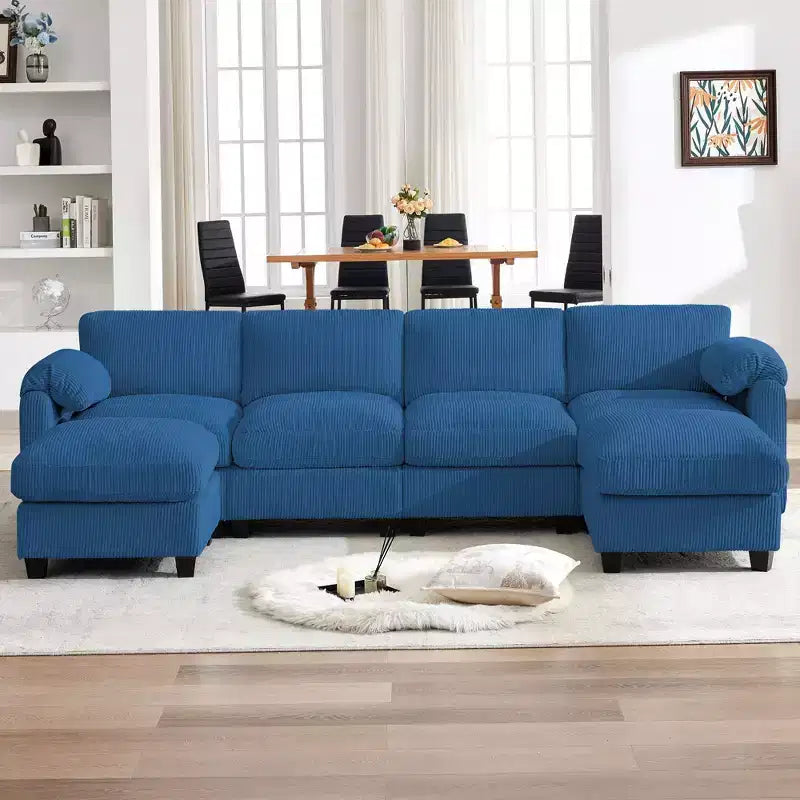 Divano componibile in velluto a coste HYLEORY con doppio pouf mobile, divano comodo rivestito a forma di U con cuscino a due strati per soggiorno