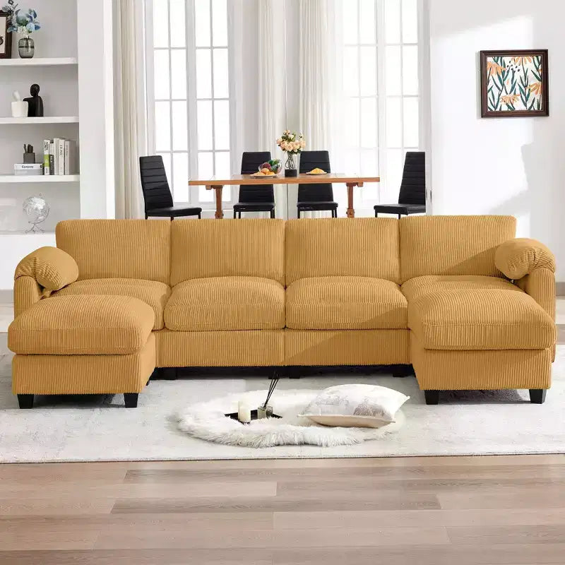 Divano componibile in velluto a coste HYLEORY con doppio pouf mobile, divano comodo rivestito a forma di U con cuscino a due strati per soggiorno