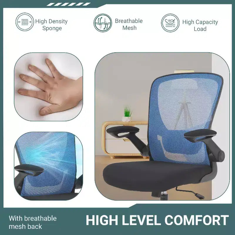 BestMassage Sedia da ufficio Sedia da computer con schienale in rete, altezza regolabile, funzione girevole e braccioli ribaltabili