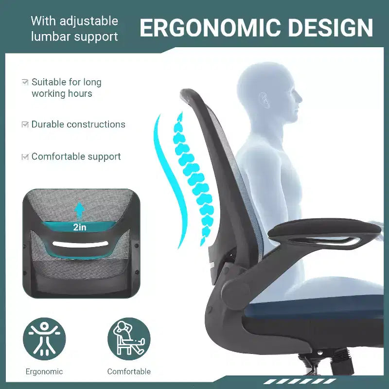 BestMassage Sedia da ufficio Sedia da computer con schienale in rete, altezza regolabile, funzione girevole e braccioli ribaltabili