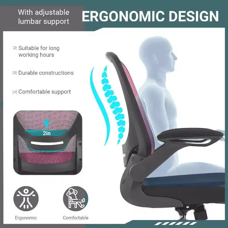 BestMassage Sedia da ufficio Sedia da computer con schienale in rete, altezza regolabile, funzione girevole e braccioli ribaltabili