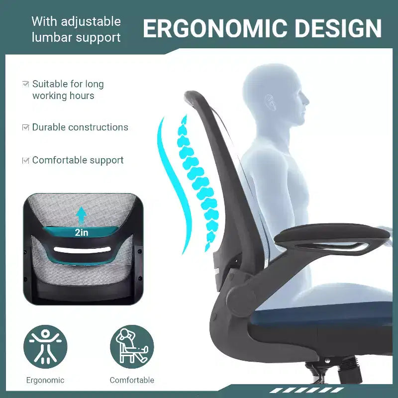 BestMassage Sedia da ufficio Sedia da computer con schienale in rete, altezza regolabile, funzione girevole e braccioli ribaltabili