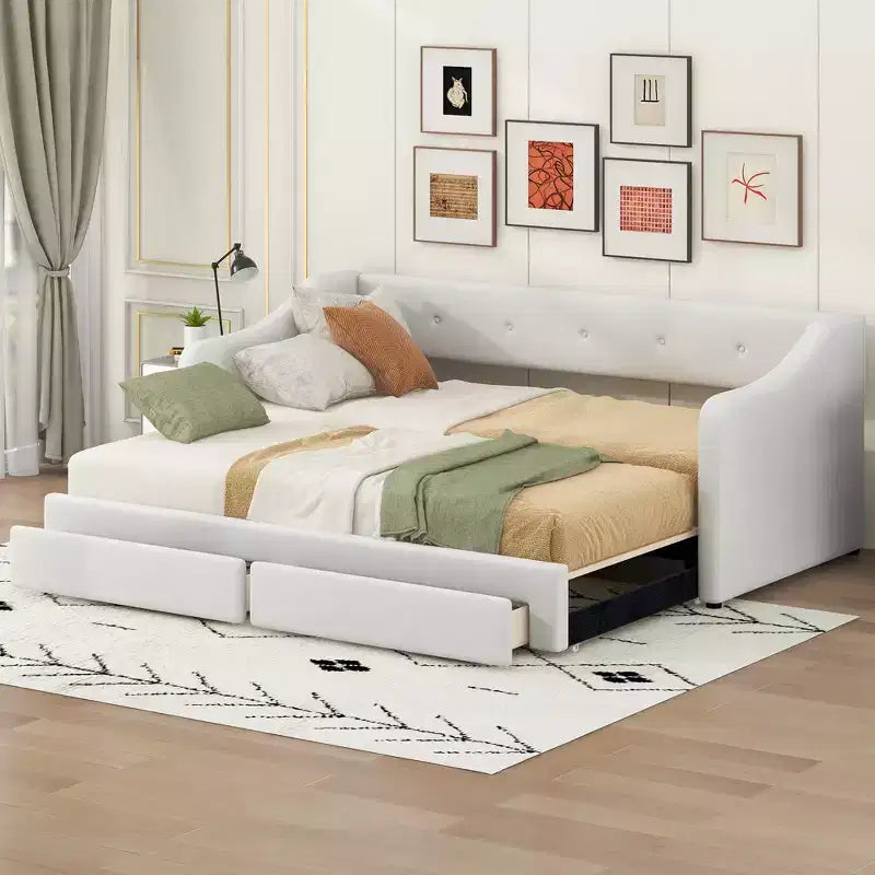 Whisen Extendable Twin XL Size to King Size Upholstered Daybed, Sofa Bed with Two Drawers