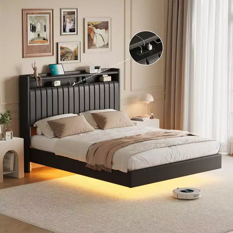 Whizmax Floating Bed Frame with RGB LED Lights & Charging Station, Upholstered Platform Bed Frame with 50Tall Storage Headboard