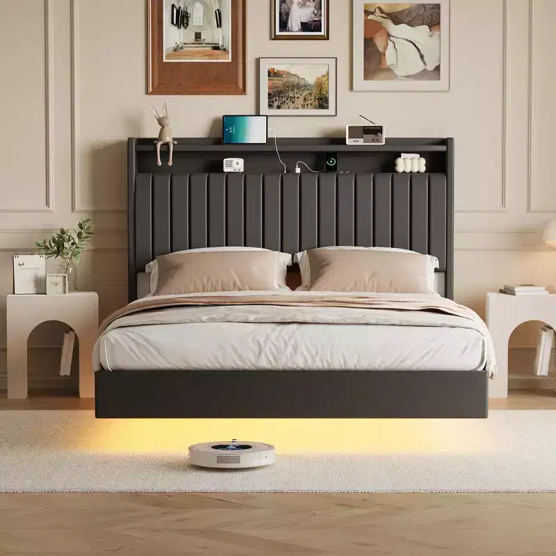 Whizmax Letto Galleggiante con Luci LED RGB e Stazione di Ricarica, Struttura Letto Imbottita con Testiera Portaoggetti Alta 50 Pollici