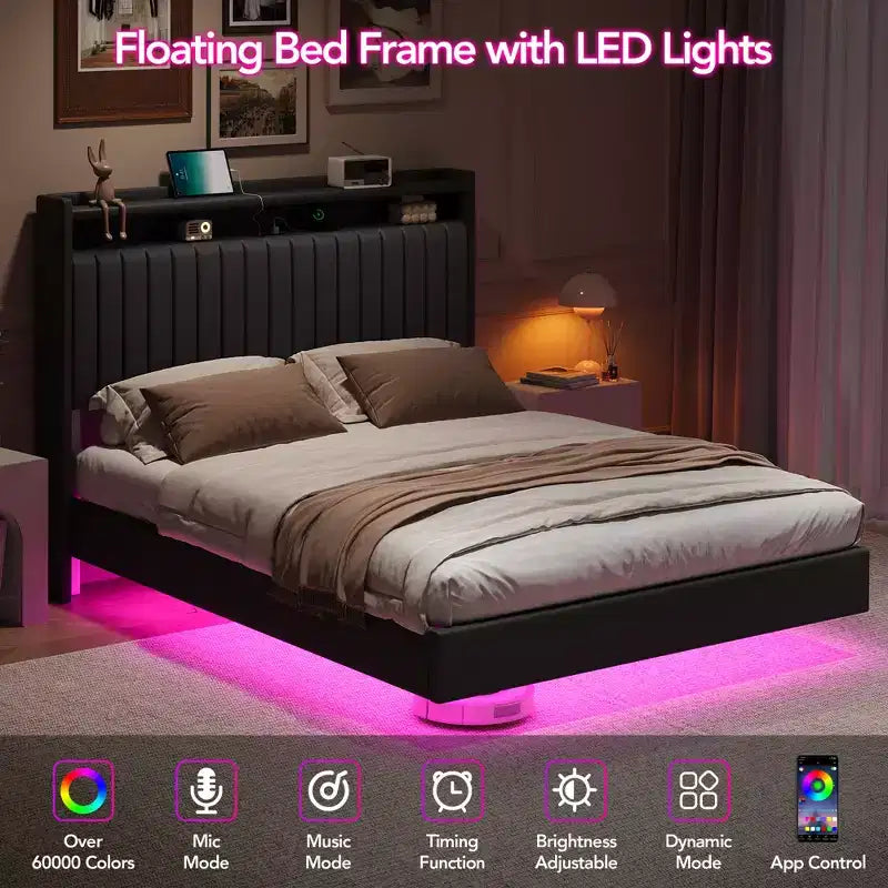 Whizmax Letto Galleggiante con Luci LED RGB e Stazione di Ricarica, Struttura Letto Imbottita con Testiera Portaoggetti Alta 50 Pollici