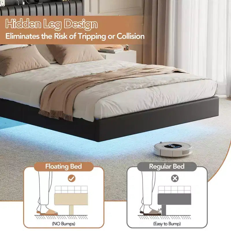 Whizmax Letto Galleggiante con Luci LED RGB e Stazione di Ricarica, Struttura Letto Imbottita con Testiera Portaoggetti Alta 50 Pollici