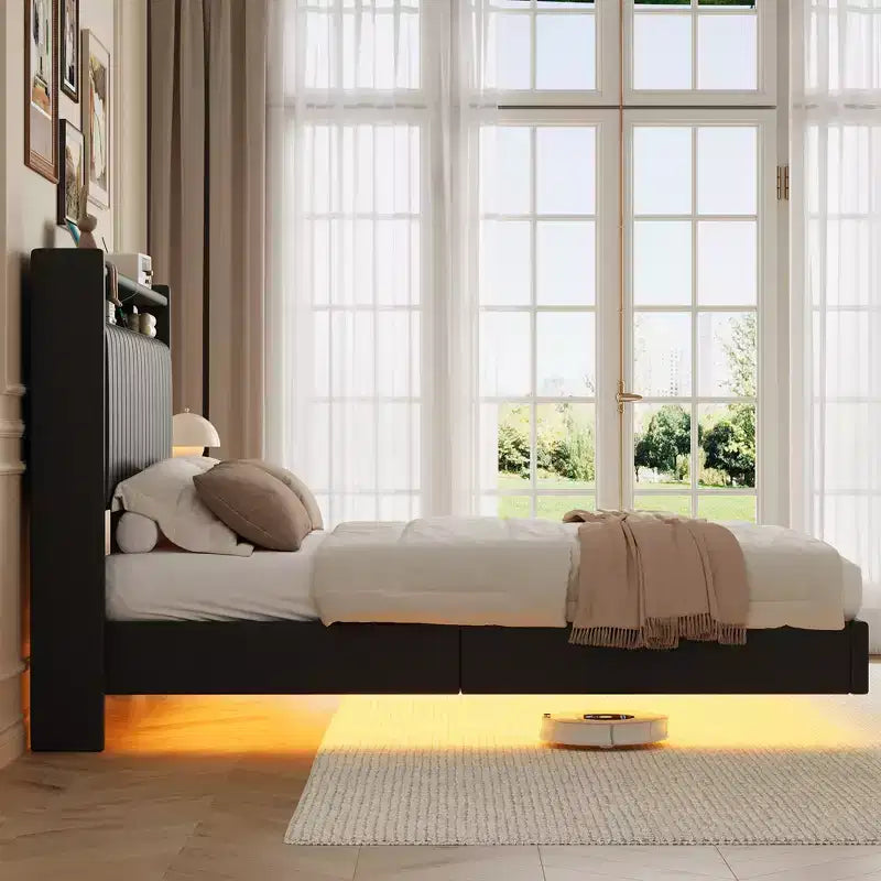Whizmax Letto Galleggiante con Luci LED RGB e Stazione di Ricarica, Struttura Letto Imbottita con Testiera Portaoggetti Alta 50 Pollici