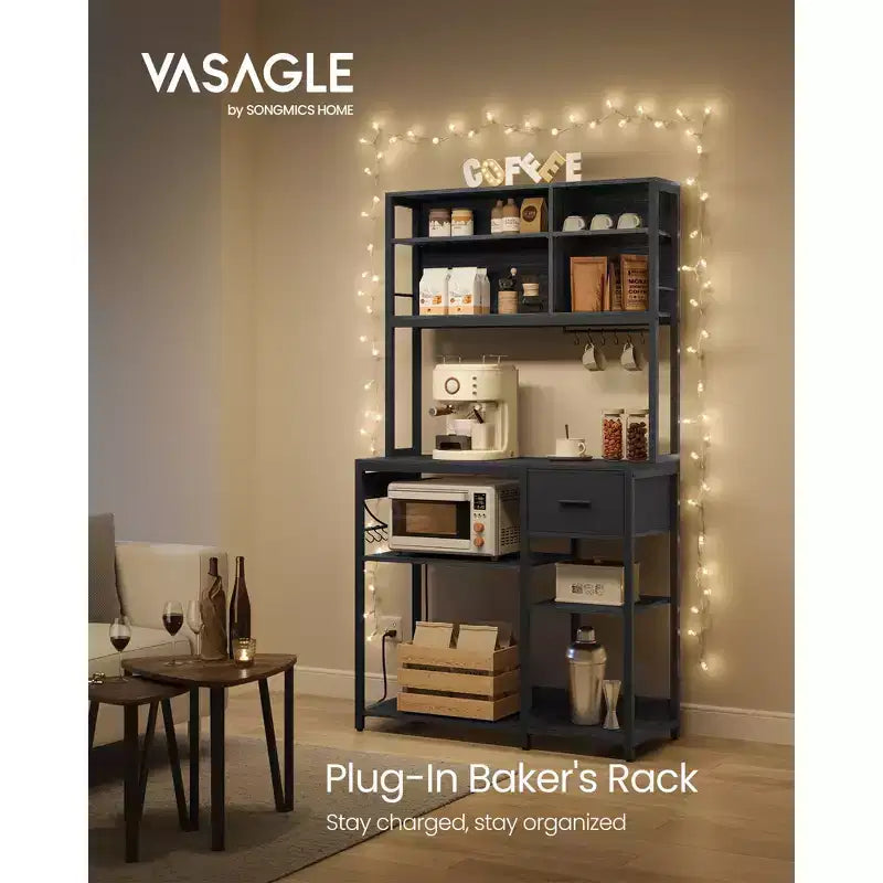 VASAGLE Bakers Rack with Charging Station, Coffee Bar Stand with Adjustable Storage Shelves, Fabric Drawer, 12 Hooks, Table