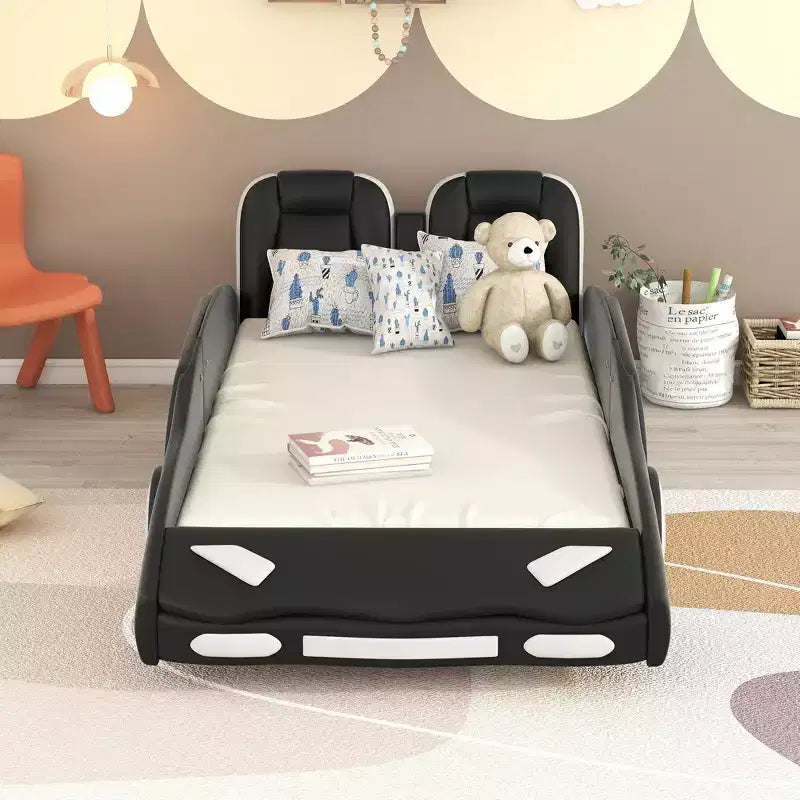 Letto a piattaforma Whisen Twin Size a forma di auto da corsa dal design accattivante con ruote