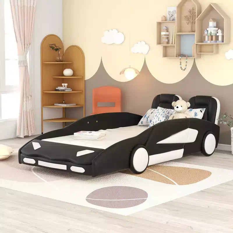 Letto a piattaforma Whisen Twin Size a forma di auto da corsa dal design accattivante con ruote