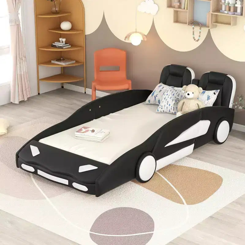 Whisen Twin Size Cool Design Race Car-Shaped Platform Bed with Wheels