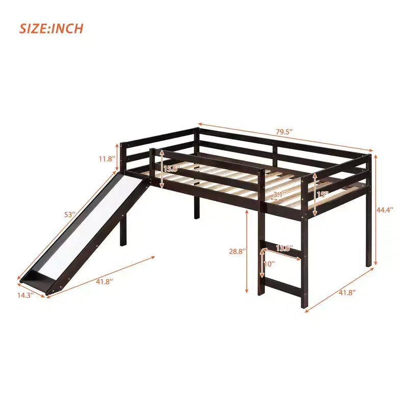 Whisen 79.5L x 41.8W Elegante letto a soppalco basso per ragazzi con scaletta e scivolo incorporati, design multifunzionale