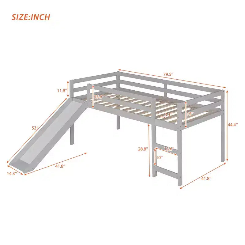 Whisen 79.5L x 41.8W Elegante letto a soppalco basso per ragazzi con scaletta e scivolo incorporati, design multifunzionale