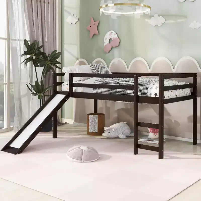 Whisen 79.5L x 41.8W Elegante letto a soppalco basso per ragazzi con scaletta e scivolo incorporati, design multifunzionale