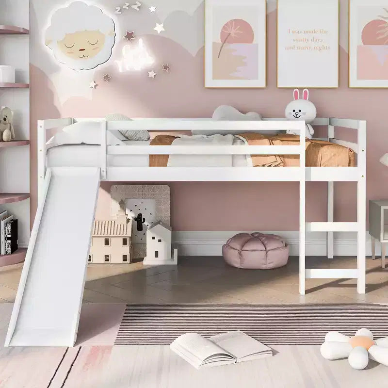 Whisen 79.5L x 41.8W Elegante letto a soppalco basso per ragazzi con scaletta e scivolo incorporati, design multifunzionale