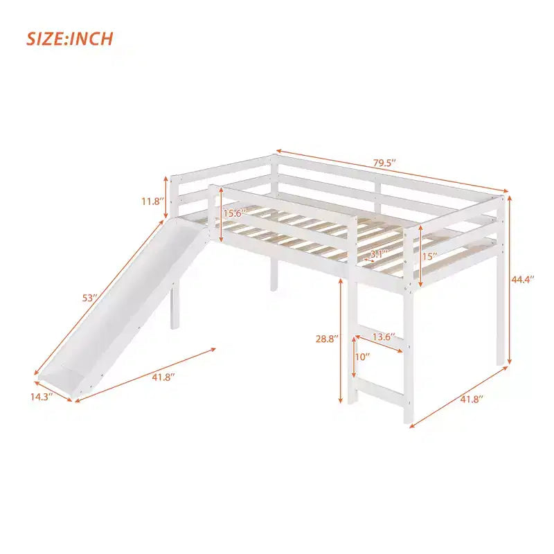 Whisen 79.5L x 41.8W Elegante letto a soppalco basso per ragazzi con scaletta e scivolo incorporati, design multifunzionale