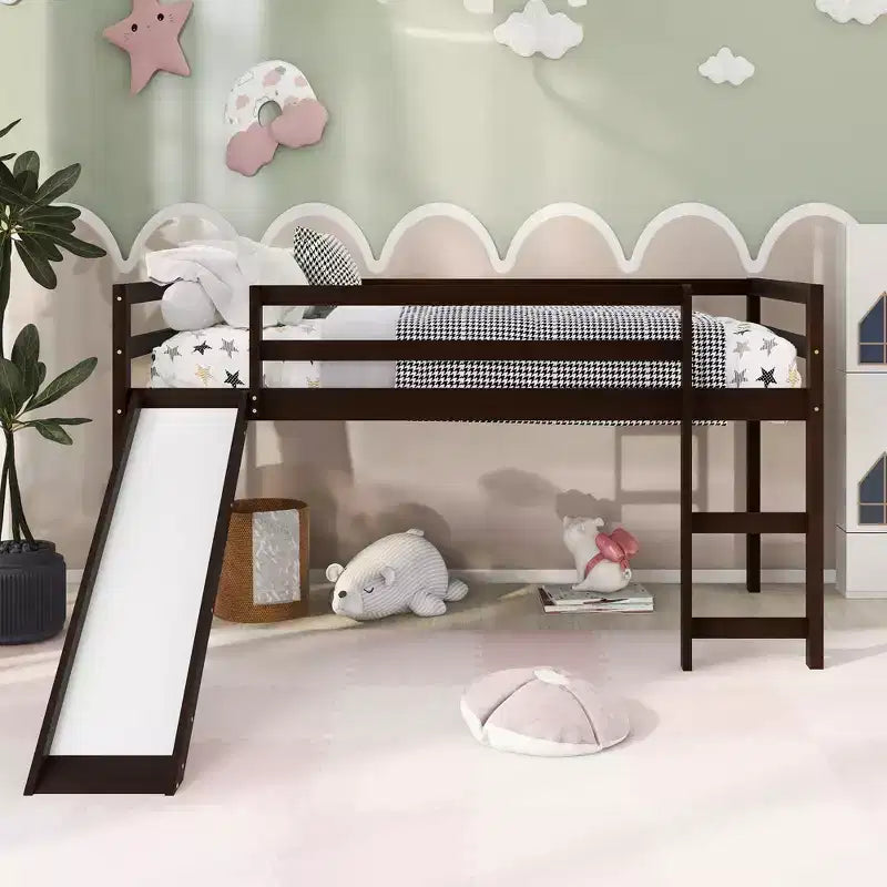 Whisen 79.5L x41.8W Elegant Twin Size Low Loft Bed with Built-in Ladder and Slide, Multifunctional Design