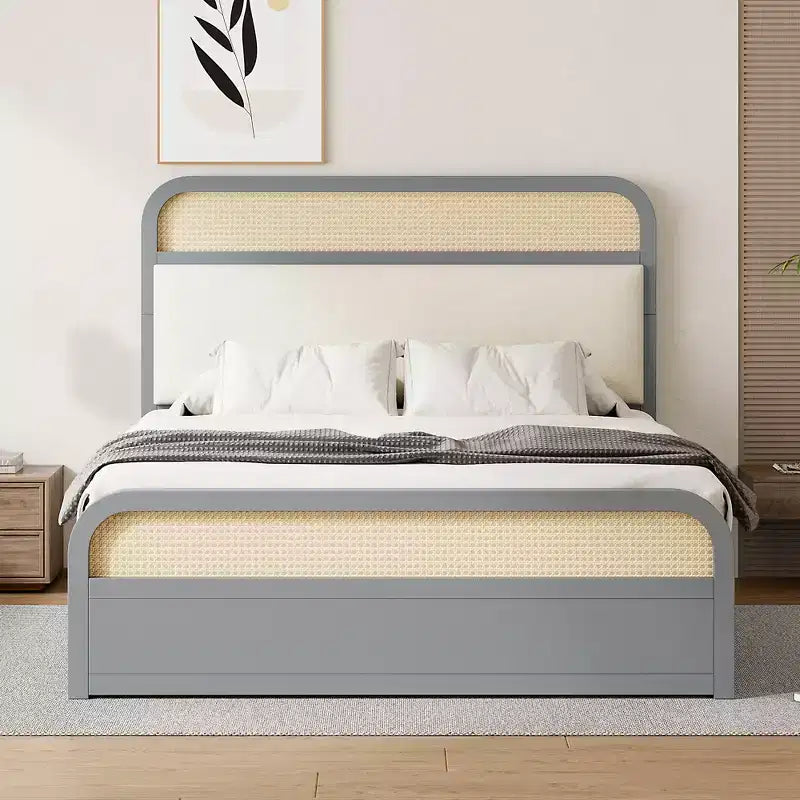 Whisen Queen Size Wooden Platform Bed with Trundle and 2 Drawers