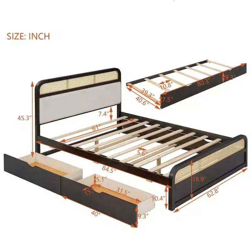 Letto a piattaforma matrimoniale in legno Whisen con letto estraibile e 2 cassetti