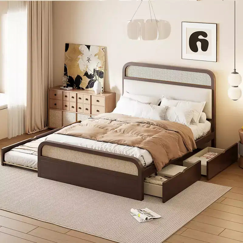 Letto a piattaforma matrimoniale in legno Whisen con letto estraibile e 2 cassetti
