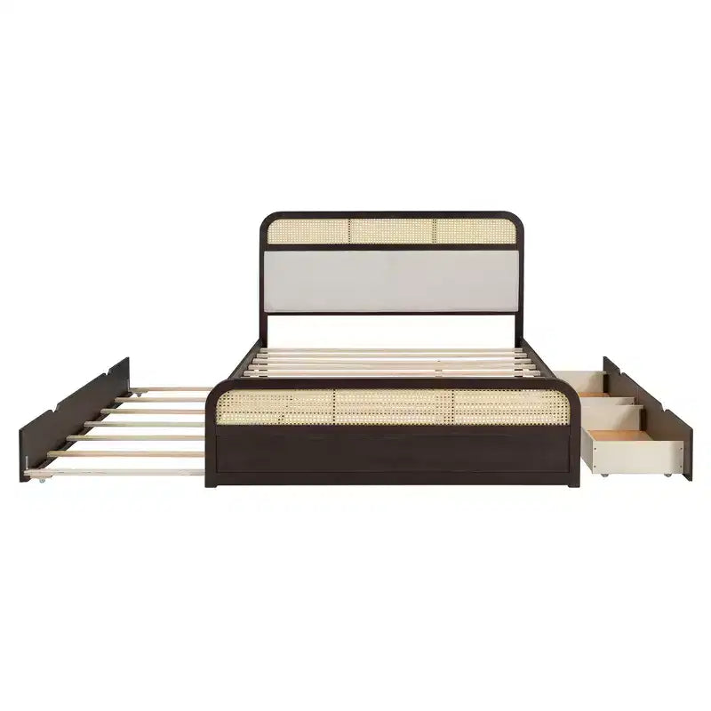 Letto a piattaforma matrimoniale in legno Whisen con letto estraibile e 2 cassetti
