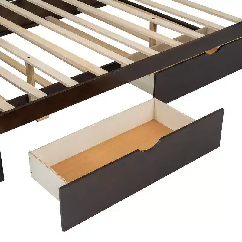 Letto a piattaforma matrimoniale in legno Whisen con letto estraibile e 2 cassetti