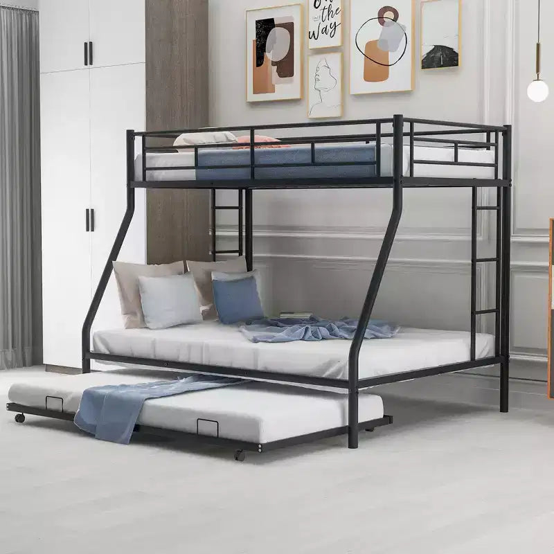Whisen Twin over Full Bed with Sturdy Steel Frame Bunk Bed with Twin Size Trundle and Two-Side Ladders