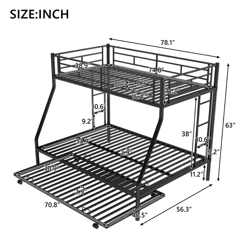 Letto a castello Whisen Twin over Full con robusto telaio in acciaio, con letto estraibile Twin e due scalette laterali