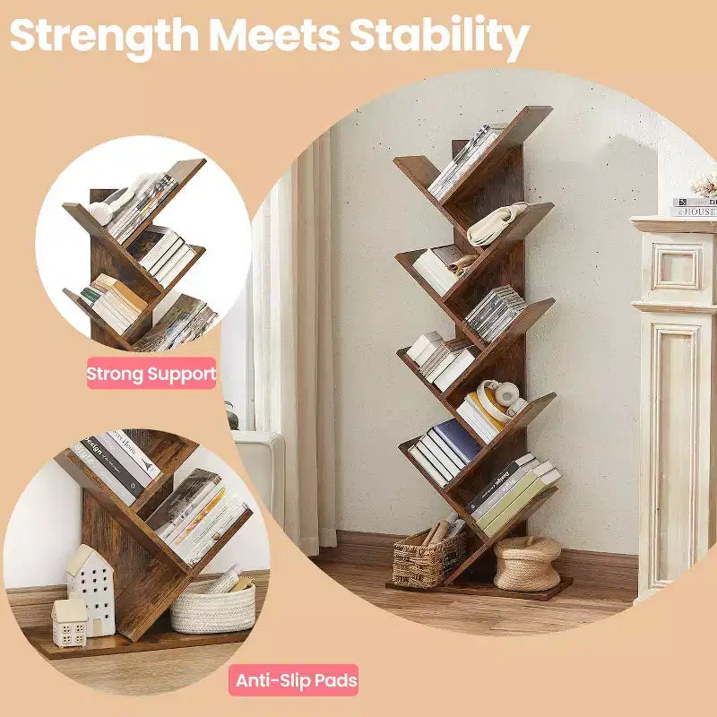 Libreria ad albero a 9 ripiani, Scaffale autoportante, Scaffale salvaspazio, per Camera da letto, Soggiorno, Ufficio domestico