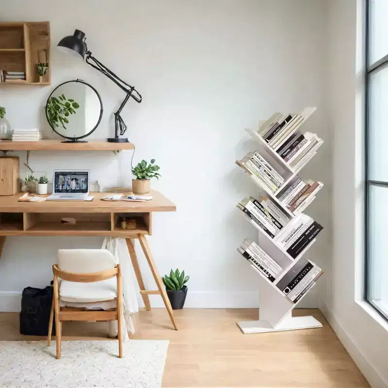 Libreria ad albero a 9 ripiani, Scaffale autoportante, Scaffale salvaspazio, per Camera da letto, Soggiorno, Ufficio domestico