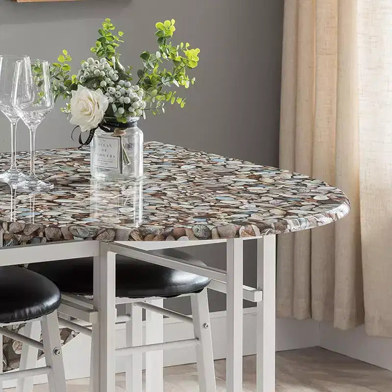 Kings Brand Furniture Set Tavolo da Pranzo 3 Pezzi Akins con Piano in Finto Marmo e Sgabelli in Finta Pelle