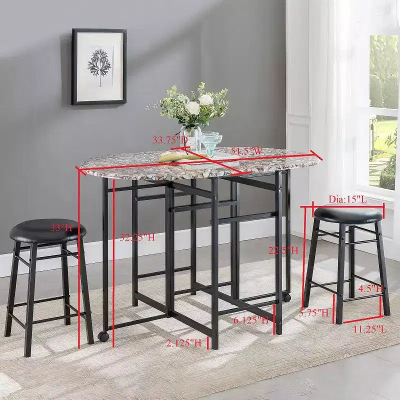 Kings Brand Furniture Set Tavolo da Pranzo 3 Pezzi Akins con Piano in Finto Marmo e Sgabelli in Finta Pelle
