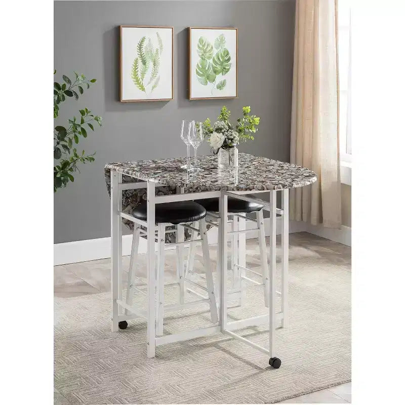 Kings Brand Furniture Set Tavolo da Pranzo 3 Pezzi Akins con Piano in Finto Marmo e Sgabelli in Finta Pelle