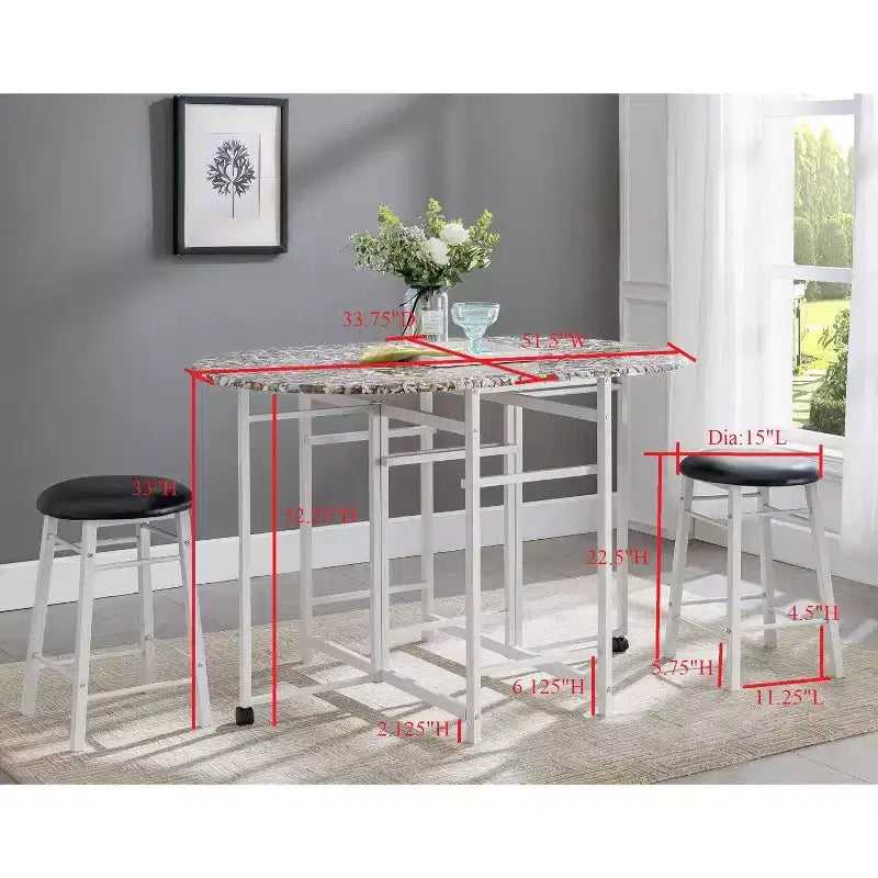 Kings Brand Furniture Set Tavolo da Pranzo 3 Pezzi Akins con Piano in Finto Marmo e Sgabelli in Finta Pelle